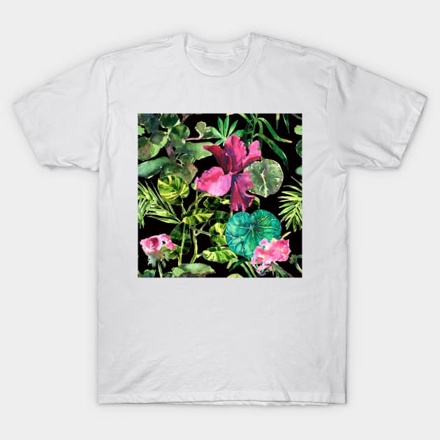 Seamless tropical flower, plant and leaf pattern background T-Shirt by Olga Berlet